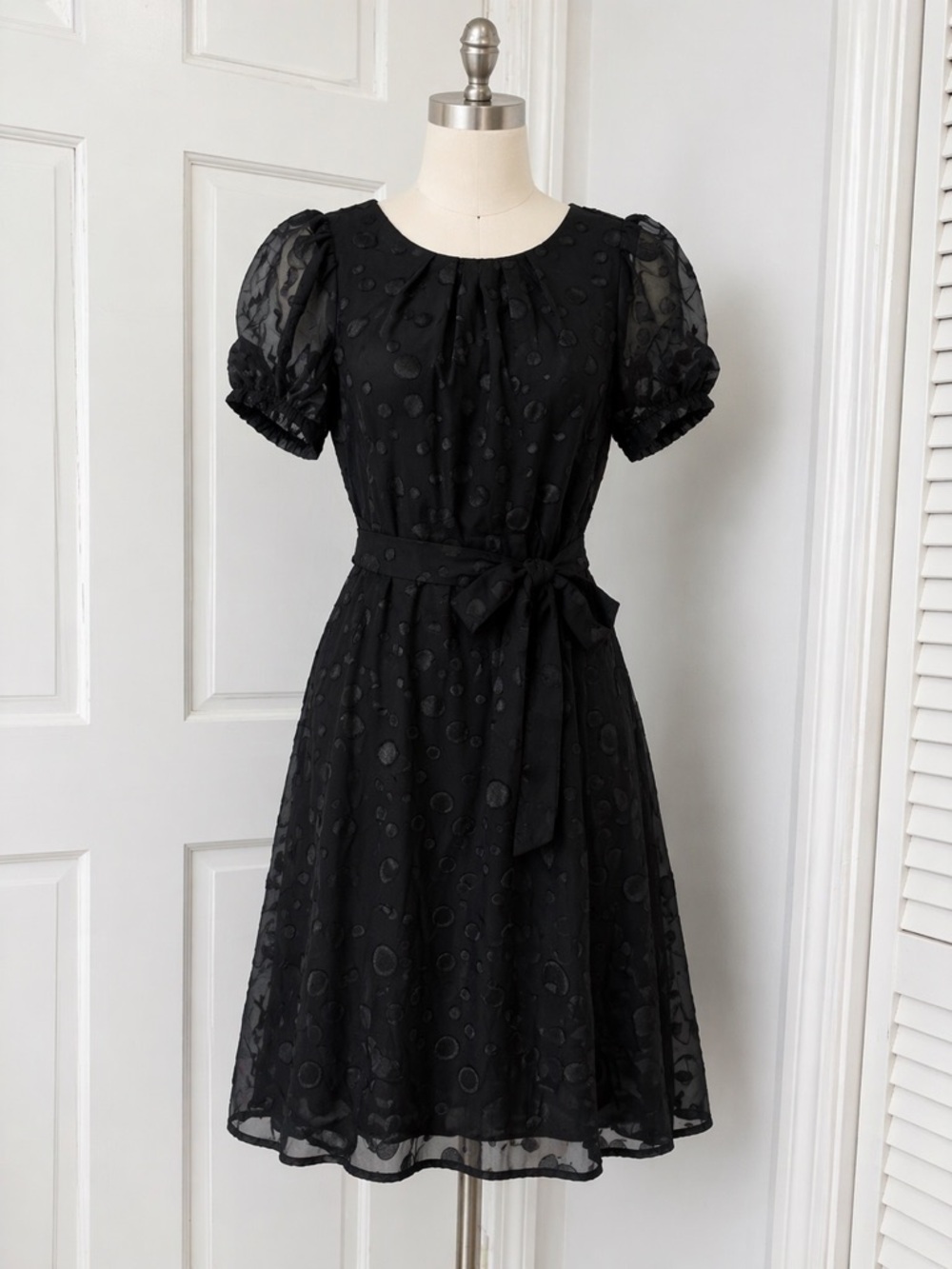 Polka Black Puff-Sleeve Belted Midi Dress